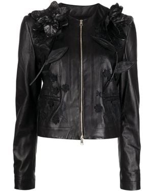 Elie Saab Floral-Embroidered Leather Jacket - Black