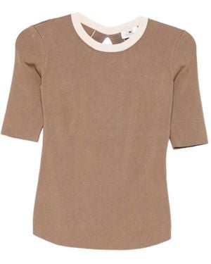 Elisabetta Franchi Knit Fabric Top With Shiny Viscose Bands - Natural