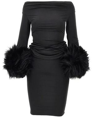ANDAMANE Faux-Fur Trim Off-The-Shoulder Maxi Dress - Black