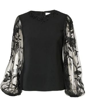 Carolina Herrera Embroidered Puff-Sleeve Top - Black