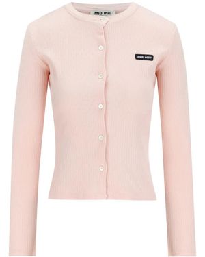 Miu Miu Logo-Patch Pointelle-Knit Cardigan - Pink