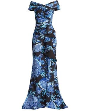 Tadashi Shoji Sonora Floral-Print Off-Shoulder Gown - Blue