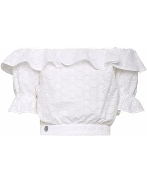 Philipp Plein Off-Shoulder Lace Blouse - White