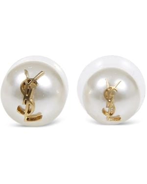 Saint Laurent Ysl Plaque Pearl Earrings - White