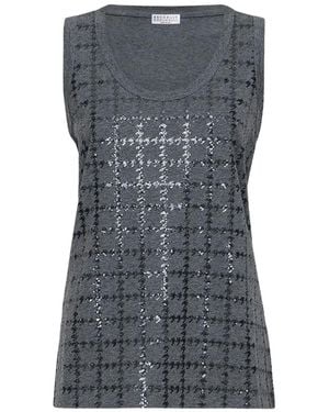 Brunello Cucinelli Cotton Jersey Top With Dazzling Windowpane Embroidery - Grey