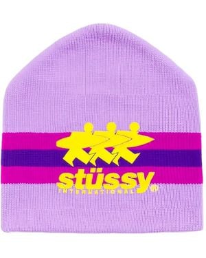Stussy Striped Logo-Print Beanie Hat - Purple