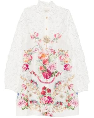 CAMILLA Lace-Sleeves Floral-Print Mini Dress - White