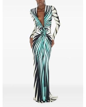 Roberto Cavalli Plunging-Neckline Printed Gown - Blue