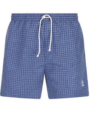 Brunello Cucinelli Geometric-Pattern Swim Shorts - Blue