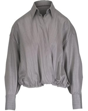 Brunello Cucinelli Pinstripe-Pattern Elasticated-Hem Blouse - Gray