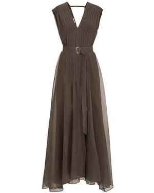 Brunello Cucinelli Crispy Silk Belted Dress With Pleated Detail And Precious Strap - Brown