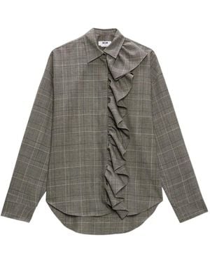 MSGM Ruffled-Detail Check-Pattern Shirt - Gray