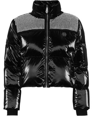 Philipp Plein Crystal-Embellished Cropped Puffer Jacket - Black