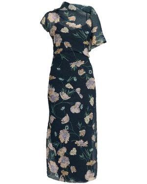 Erdem Floral-Print Organza-Cloque Midi Dress - Blue