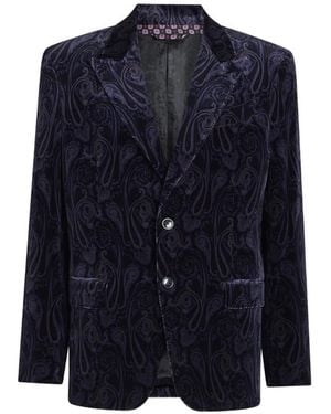 Etro Single-Breasted Cotton Velvet Jacket With Paisley Overprint - Blue
