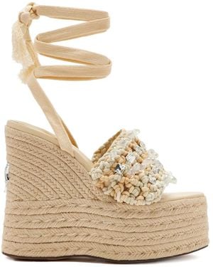 Naked Wolfe 140Mm Peony Beaded Woven Wedge Sandals - Natural