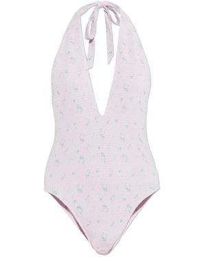 LoveShackFancy Tie-Neck Floral-Print One-Piece - White
