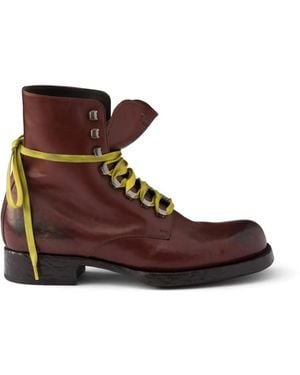 Prada Leather Laced Biker Boots - Brown
