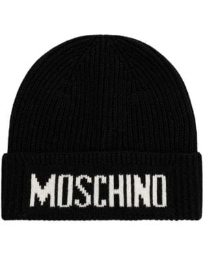 Moschino Logo-Intarsia Ribbed-Knit Beanie Hat - Black