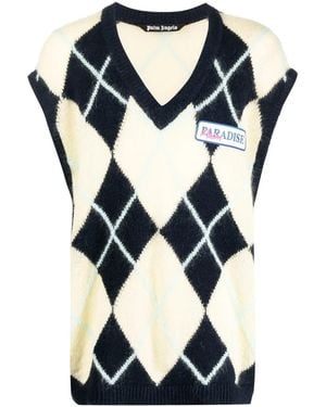 Palm Angels Logo-Patch Argyle Knitted Vest - Blue