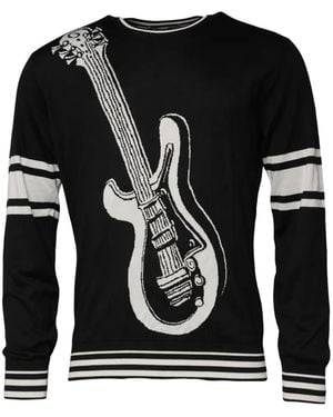 Dolce & Gabbana Guitar-Intarsia Striped-Trim Sweater - Black