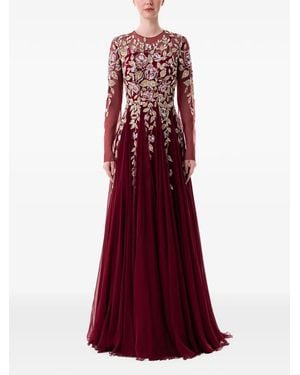 Dina Melwani Floral-Embroidered Chiffon Maxi Dress