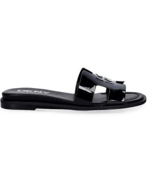 DKNY Logo-Embossed Patent-Finish Slides - White