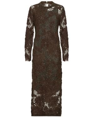 Brunello Cucinelli Vestido De Punto Con Bordado Floral En Mohair Y Lana - Marrón