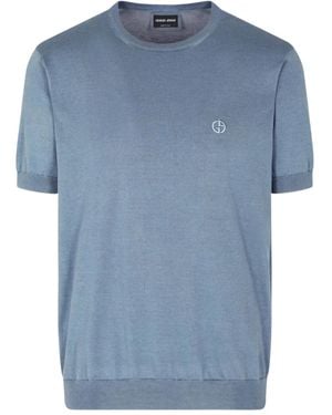 Giorgio Armani Logo-Embroidered Knitted T-Shirt - Blue