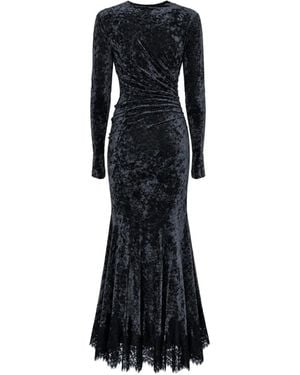 Alberta Ferretti Crushed-Velvet Lace-Trim Dress - Black