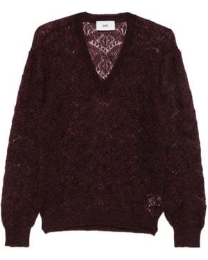 SOLOTRE Lace-Knit V-Neck Jumper - Red