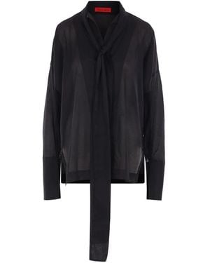 Thelatest Attached-Scarf Buttoned Shirt - Black