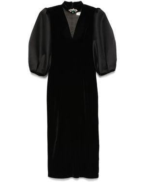 Nissa Velvet Puff-Sleeve Midi Dress - Black