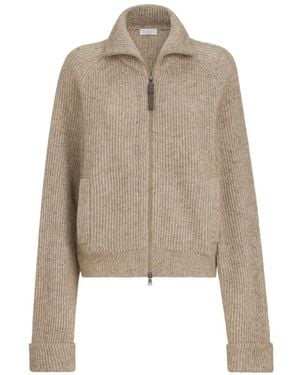 Brunello Cucinelli Cardigan Côtelé En Cachemire Scintillant, Mohair Et Laine Avec Tirette Brillante - Neutre