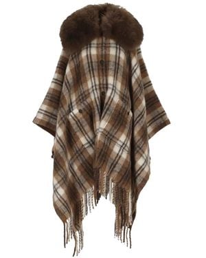Moncler Check-Pattern Shearling-Collar Cape - Brown