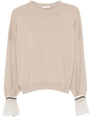 Brunello Cucinelli Monili-Embellished Panelled-Cuff Sweater - Natural