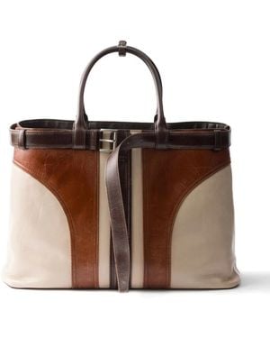 Prada Belted Panelled Tote Bag - Brown