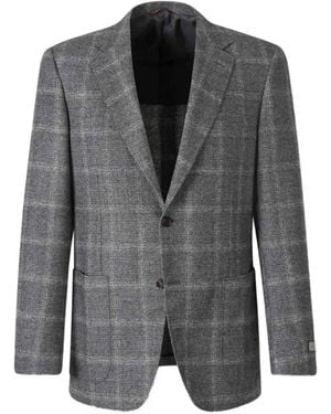 Canali Check-Pattern Single-Breasted Blazer - Grey