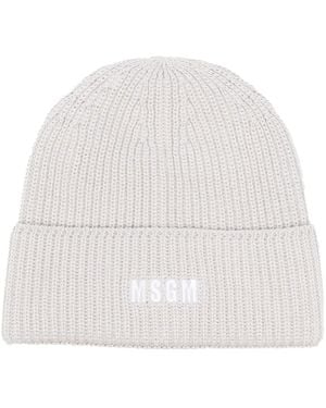 MSGM Logo-Embroidered Ribbed-Knit Beanie - White