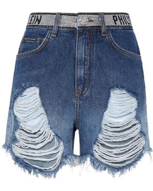 Philipp Plein ダメージディテール ショートパンツ - ブルー