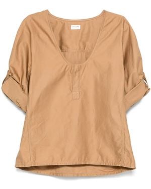 Saint Laurent Henley Twill-Weave Blouse - Natural