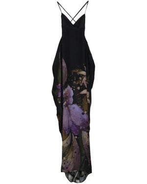 YANGKEHAN Maxi Floral-Print Silk Dress - Black