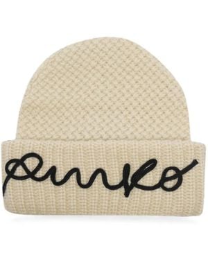 Pinko Bambu Embroidered-Logo Beanie Hat - Natural