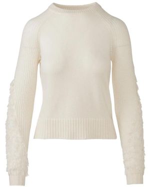 Kinross Cashmere Fringe-Sleeve Crew-Neck Sweater - White