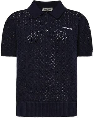Miu Miu Open-Knit Logo-Patch Polo Top - Blue