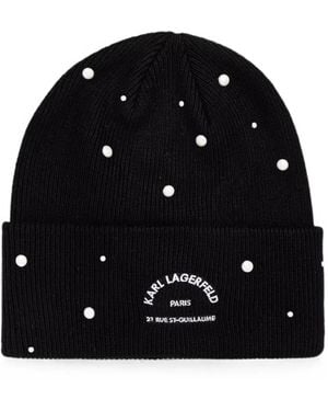 KARL LAGERFELD Pearl-Embellished Logo-Embroidered Beanie Hat - Black