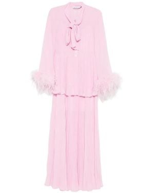 Self-Portrait Feather-Trim Pleated Maxi Dress - Pink