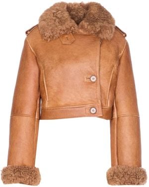 Chloé Veste En Cuir À Col En Peau Lainée - Marron