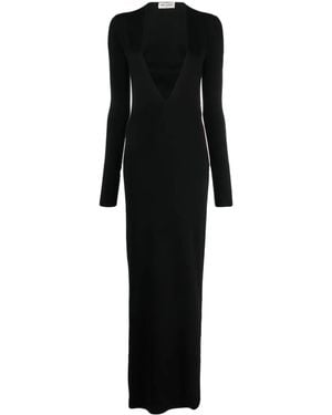 Saint Laurent Plunge-Neck Wool Maxi Dress - Black