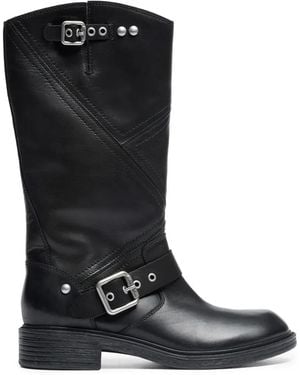 Ash Fuchsia Buckled Leather Biker Boots - Black